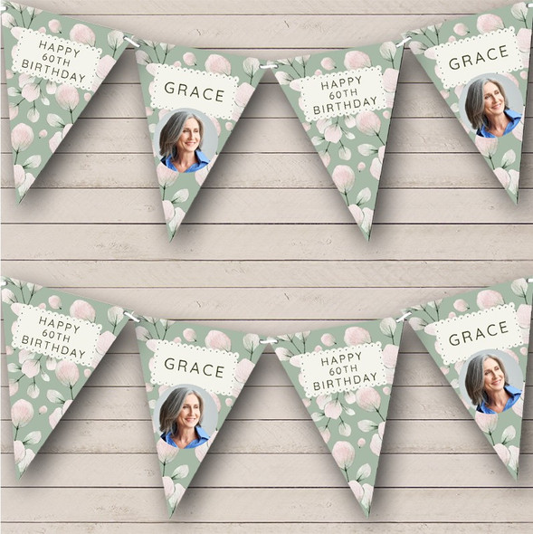 Vintage Style Happy Birthday Sage Pink Flowers Photo Personalised Banner Bunting