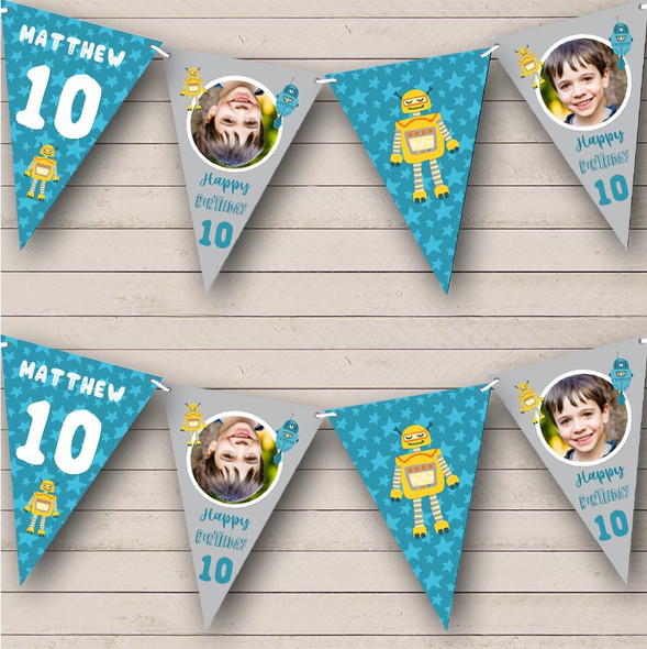 10th Birthday Boy Robot Photo Blue Stars Any Age Personalised Banner Bunting