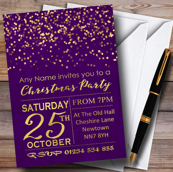 Purple With Gold Confetti Customised Christmas Party Invitations