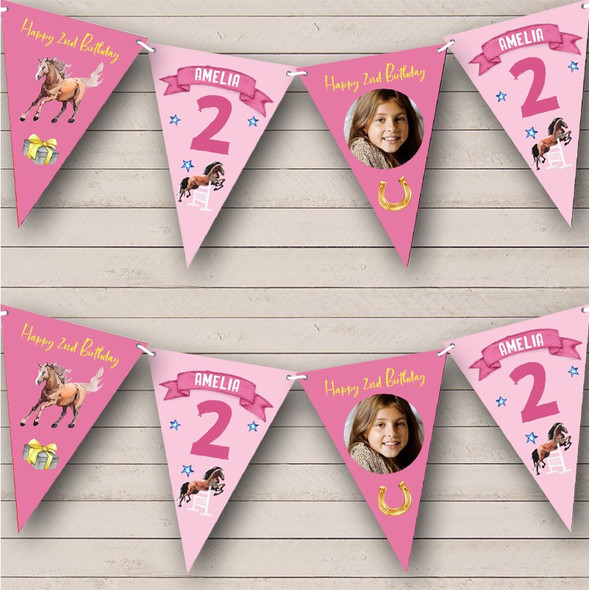 2nd Birthday Girl Kids Horse Riding Photo Pink Any Age Personalised Bunting