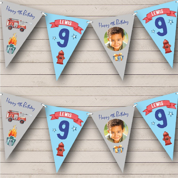9th Birthday Boy Kids Fire Fighter Fire Truck Photo Any Age Personalised Bunting