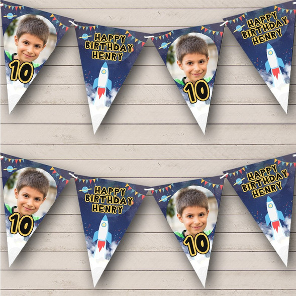 Blue Yellow Space Rocket Birthday Party Photo Personalised Party Banner Bunting