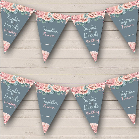 Dusky Blue Pink Roses Wedding Day Married Couple Personalised Banner Bunting