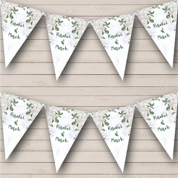 White Flowers Marble Pattern Leaves Wedding Day Personalised Banner Bunting