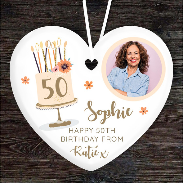 Birthday Cake Gold Peach Photo Any Age Heart Personalised Gift Hanging Ornament