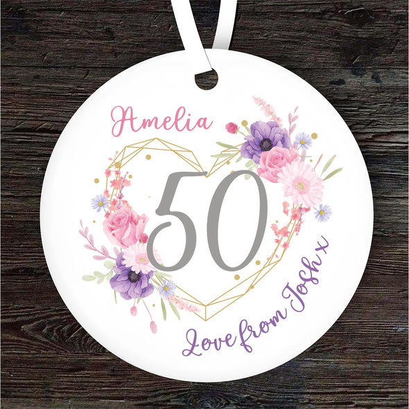 50th Birthday Pink Purple Flower Heart Round Personalised Gift Hanging Ornament