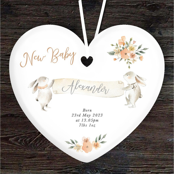 New Baby Peach Rabbits Heart Personalised Gift Keepsake Hanging Ornament Plaque