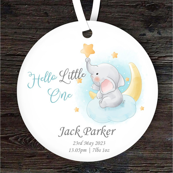 Hello New Baby Boy Elephant Moon & Stars Personalised Gift Hanging Ornament