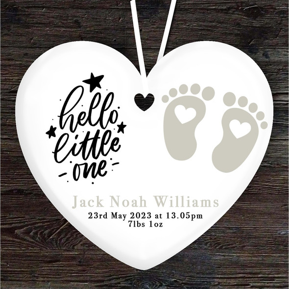 Hello New Baby Neutral Footprints Heart Personalised Gift Hanging Ornament