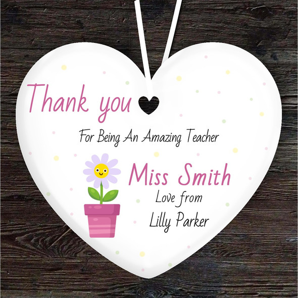 Thank You Amazing Teacher Smiling Daisy Heart Personalised Gift Hanging Ornament