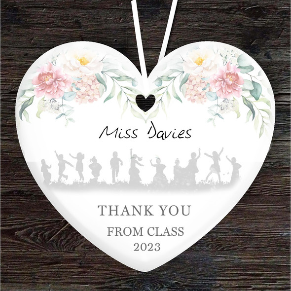 Class Silhouette Pink Thank You Teacher Heart Personalised Gift Hanging Ornament
