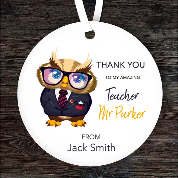 Thank You Teacher Owl With Glasses Personalised Gift Keepsake Hanging Ornament
