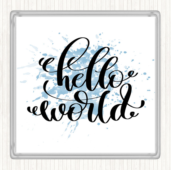 Blue White Hello World Swirl Inspirational Quote Coaster