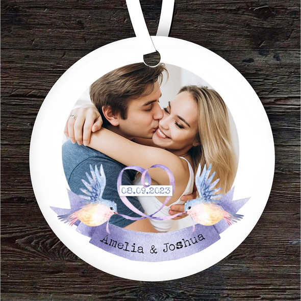 Couple Special Date Purple Birds Photo Round Personalised Gift Hanging Ornament