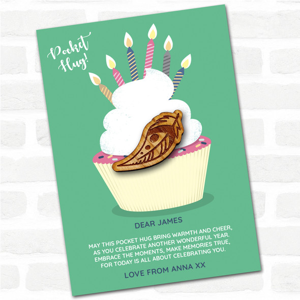 Spotty Feather Cupcake Happy Birthday Personalised Gift Pocket Hug