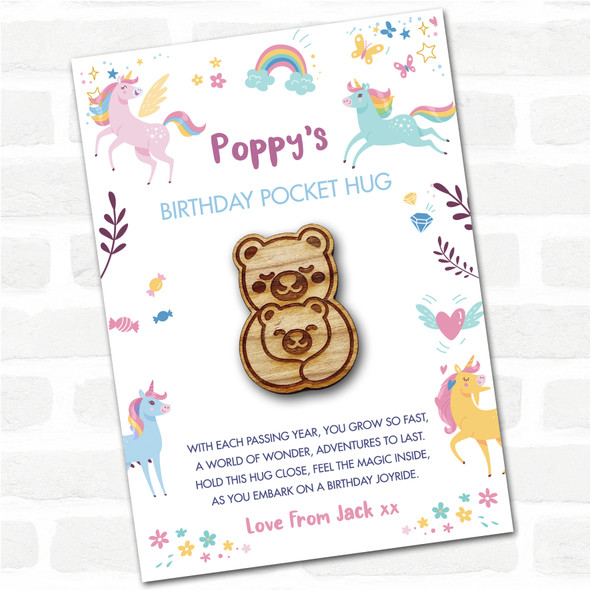 Parent and Baby Bear Kid's Girls Birthday Unicorn Personalised Gift Pocket Hug