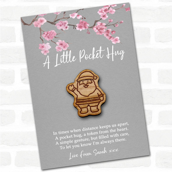 Santa Waving Grey Pink Blossom Personalised Gift Pocket Hug