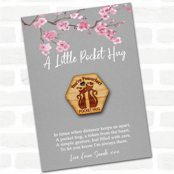 2 Cats You're Puuurfect Grey Pink Blossom Personalised Gift Pocket Hug