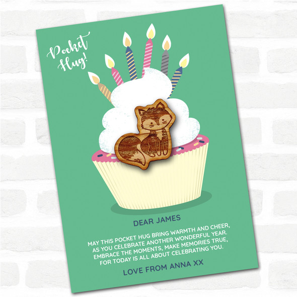 Fluffy Cute Fox Cupcake Happy Birthday Personalised Gift Pocket Hug