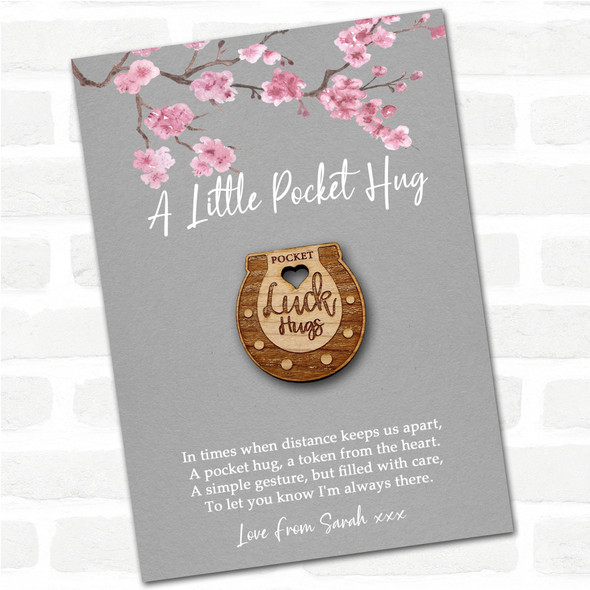 Lucky Horseshoe & Heart Grey Pink Blossom Personalised Gift Pocket Hug