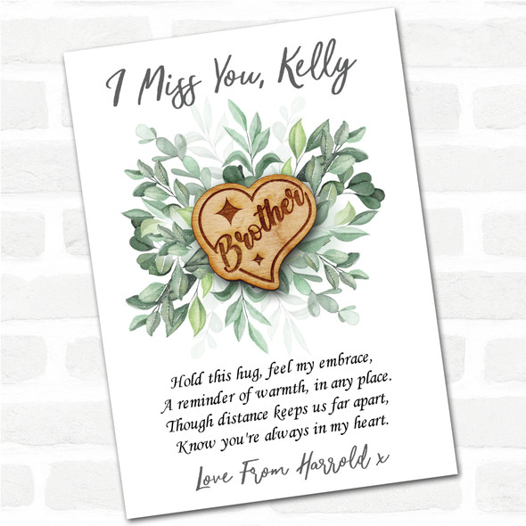 Brother Sparkles In Heart Green Leaves I Miss You Personalised Gift Pocket Hug