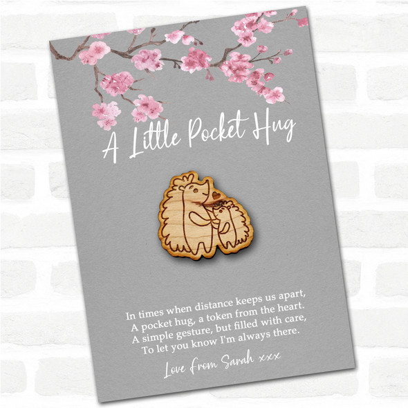 Hedgehog Parent & Child Grey Pink Blossom Personalised Gift Pocket Hug