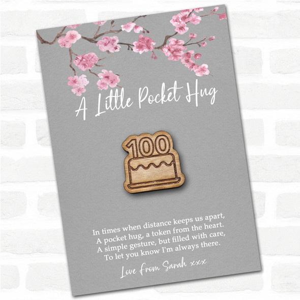 Birthday Cake 100 Candles Grey Pink Blossom Personalised Gift Pocket Hug