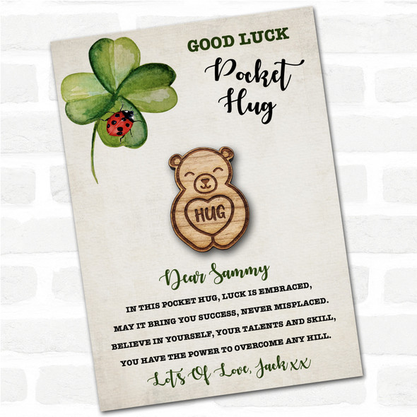 Smiling Cute Bear Clover Ladybird Good Luck Personalised Gift Pocket Hug