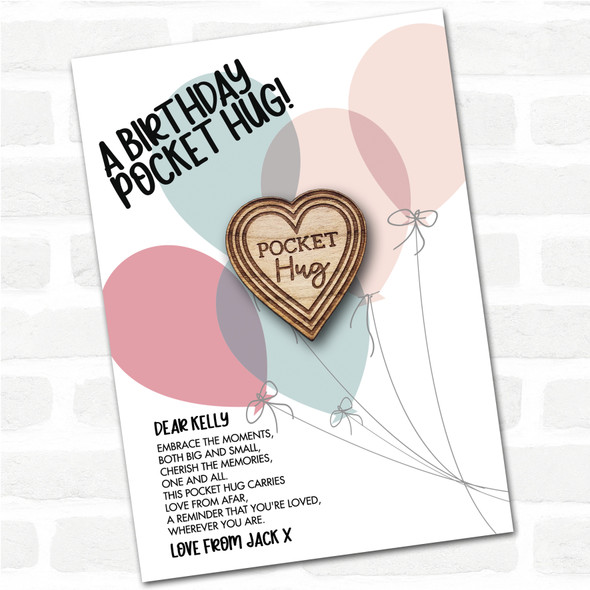 Hearts Pattern Balloons Happy Birthday Personalised Gift Pocket Hug