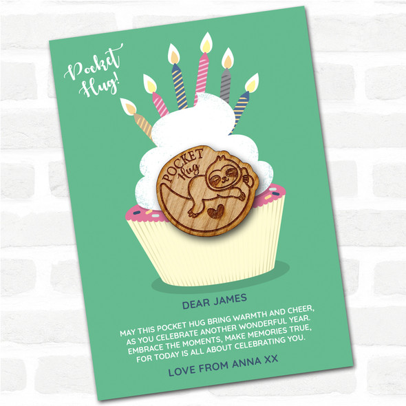 Baby Sloth Sleeping Cupcake Happy Birthday Personalised Gift Pocket Hug