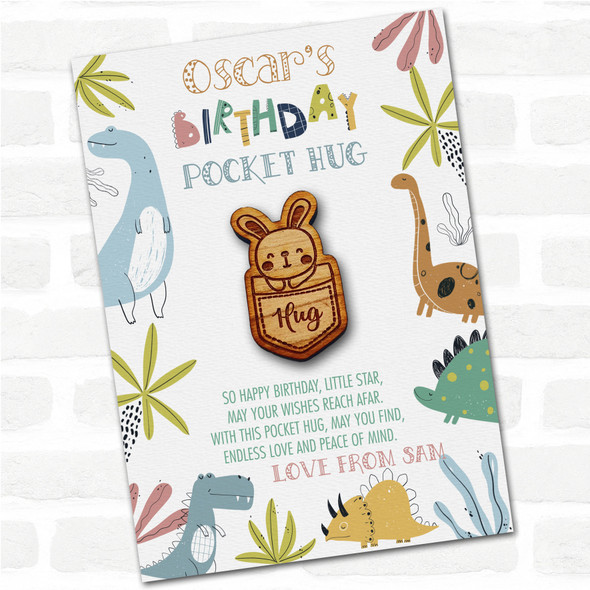 Cute Bunny In A Pocket Kid's Boys Birthday Dinosaur Personalised Gift Pocket Hug