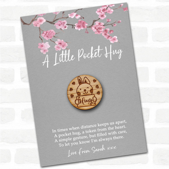 Bunny Rabbit Sign Grey Pink Blossom Personalised Gift Pocket Hug