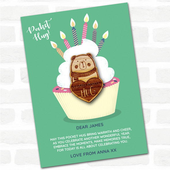 Cute Bear Wearing Scarf Cupcake Happy Birthday Personalised Gift Pocket Hug