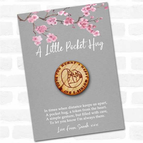 Mother Baby Happy Mother's Day Grey Pink Blossom Personalised Gift Pocket Hug