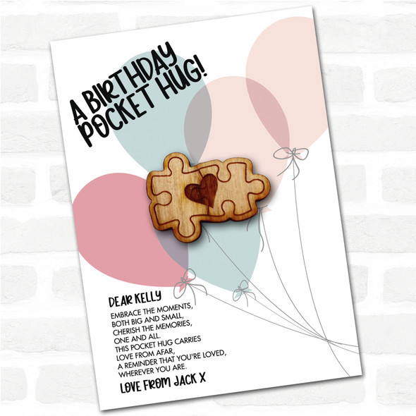 2 Puzzle Pieces Heart Balloons Happy Birthday Personalised Gift Pocket Hug