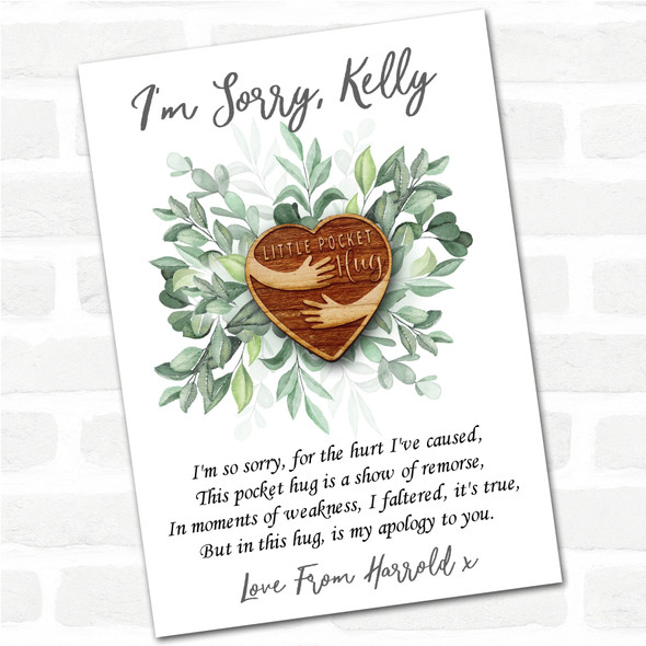 Heart And Cuddled Arms Leaves I'm Sorry Apology Personalised Gift Pocket Hug