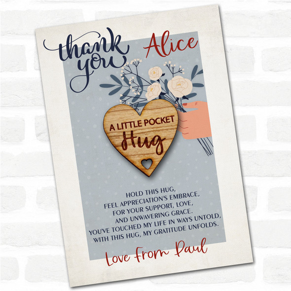Hole Cut From Heart Blue Flowers Thank You Personalised Gift Pocket Hug