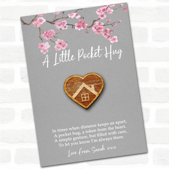 House Outline In A Heart Grey Pink Blossom Personalised Gift Pocket Hug