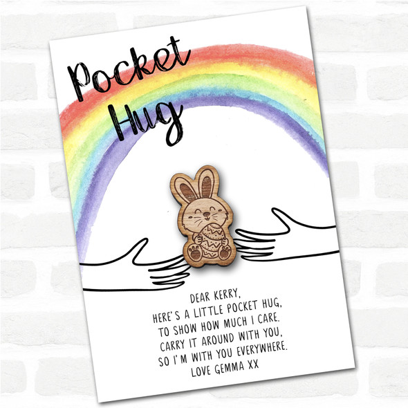 Cute Bunny Holding An Egg Rainbow Personalised Gift Pocket Hug