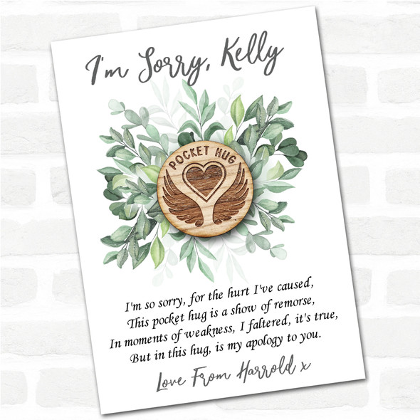 Angel Wings Round A Heart Leaves I'm Sorry Apology Personalised Gift Pocket Hug