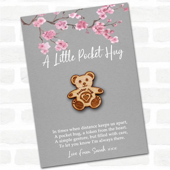 Teddy Bear Grey Pink Blossom Personalised Gift Pocket Hug