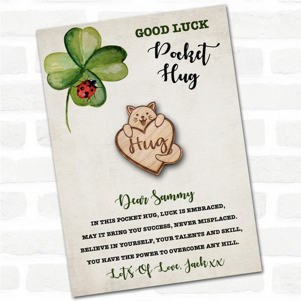Smiling Cat Love Heart Clover Ladybird Good Luck Personalised Gift Pocket Hug