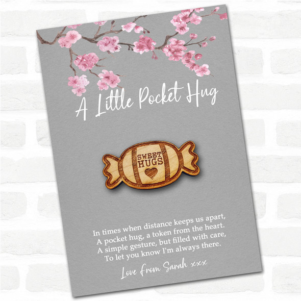 Sweet In Wrapper Heart Grey Pink Blossom Personalised Gift Pocket Hug