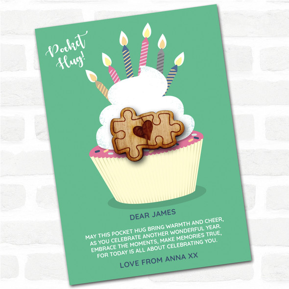 2 Puzzle Pieces Heart Cupcake Happy Birthday Personalised Gift Pocket Hug