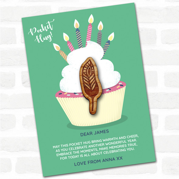 Peacock Feather Cupcake Happy Birthday Personalised Gift Pocket Hug