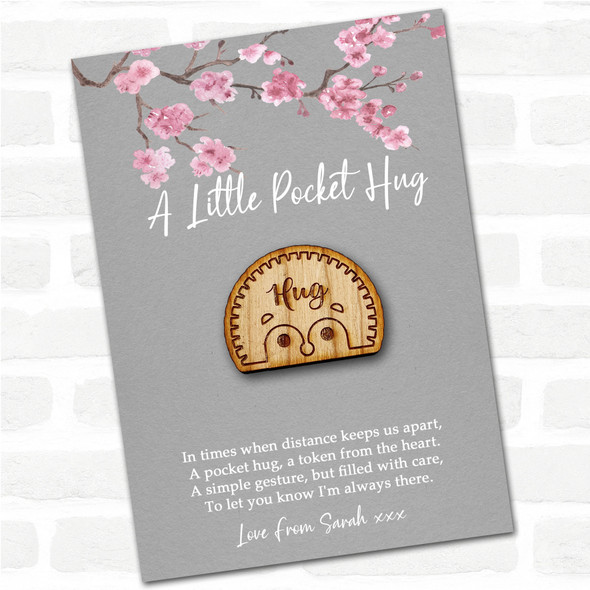 Cute Hedgehog Face Grey Pink Blossom Personalised Gift Pocket Hug