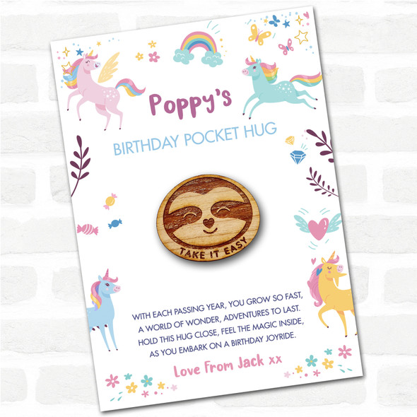 Sloth Heart Nose Kid's Birthday Unicorn Personalised Gift Pocket Hug