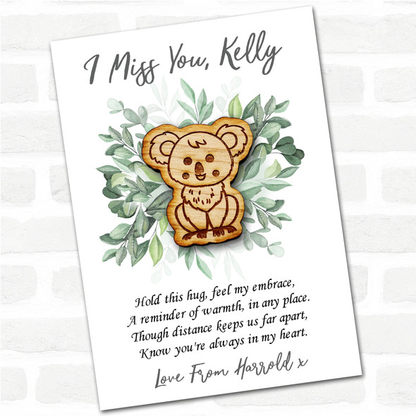 Cute Smiley Koala Green Leaves I Miss You Personalised Gift Pocket Hug