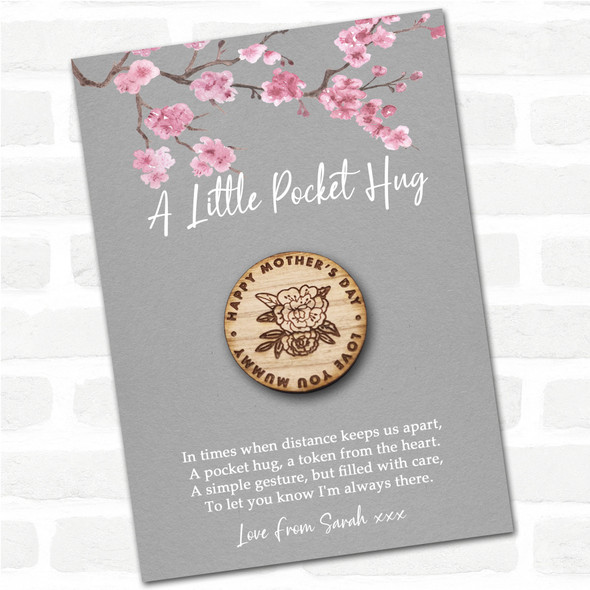 Roses & Leaves Happy Mother's Day Grey Pink Blossom Personalised Gift Pocket Hug