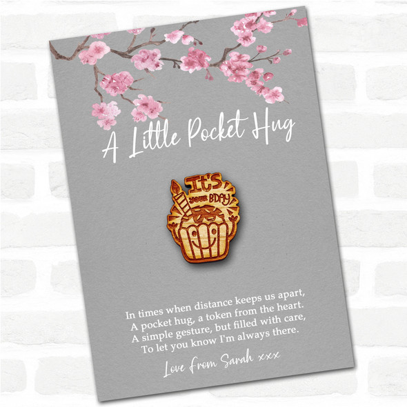 Cute Birthday Cupcake Face Grey Pink Blossom Personalised Gift Pocket Hug